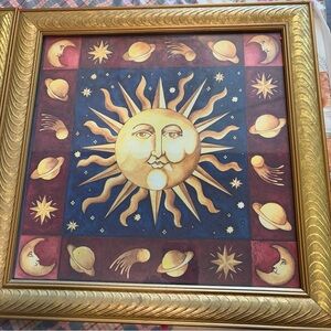 Celestial Sun and Planets Art in Gold Frame